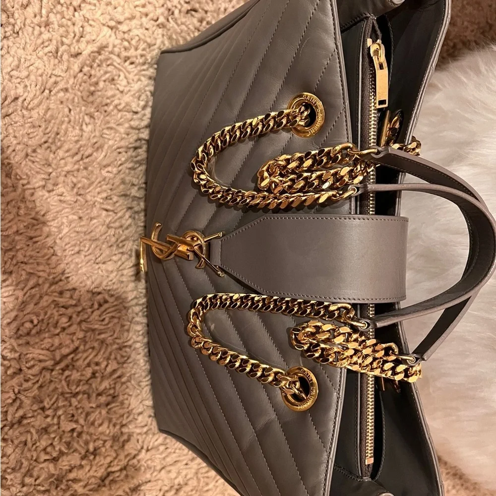 Yves Saint Laurent Gray Chevron Quilted Tote with Gold Chain Handles